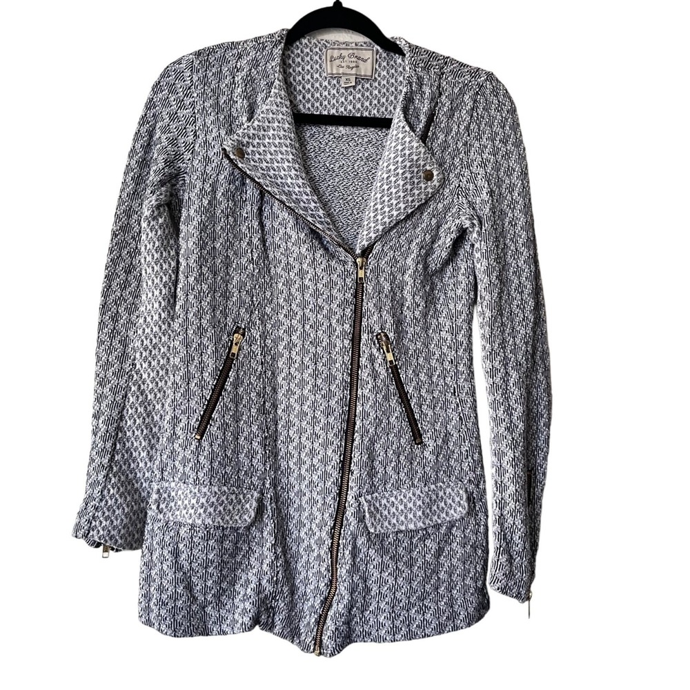 Lucky Brand Moto Jacket Womens Black White Asymmetrical‎ Blazer Zip Sweater XS